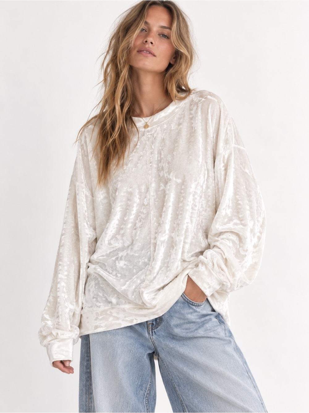 Free People Movement X Onzie Womens White Crushed Velvet Sweatshirt Velour Track